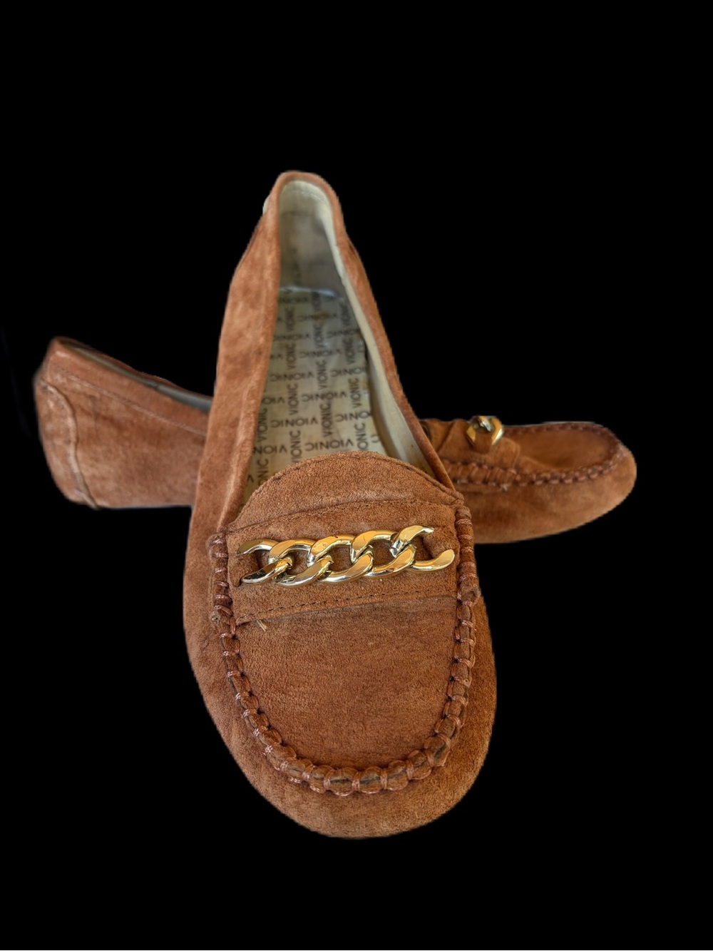 Vionic Mesa Women’s 8 Cognac Suede Gold Chain Loafers Moccasins